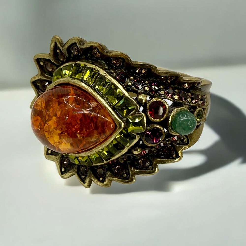 Vintage Heidi Daus Statement Ring – Amber Cabochon w Multi-Color Crystals Sz 7 - Picture 3 of 17